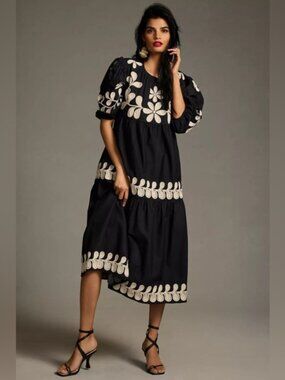 Anthropologie Navy Maxi Dress with White Leaf Embroidery